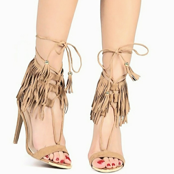 Qupid Faux-Suede Gray Stiletto Fringe Ankle Lace Up Tie Single Strap Peep Heels - Picture 8 of 8